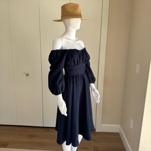 Vixen Off the Shoulder Navy Blue Midi Sundress Vintage Style Vacation Dress